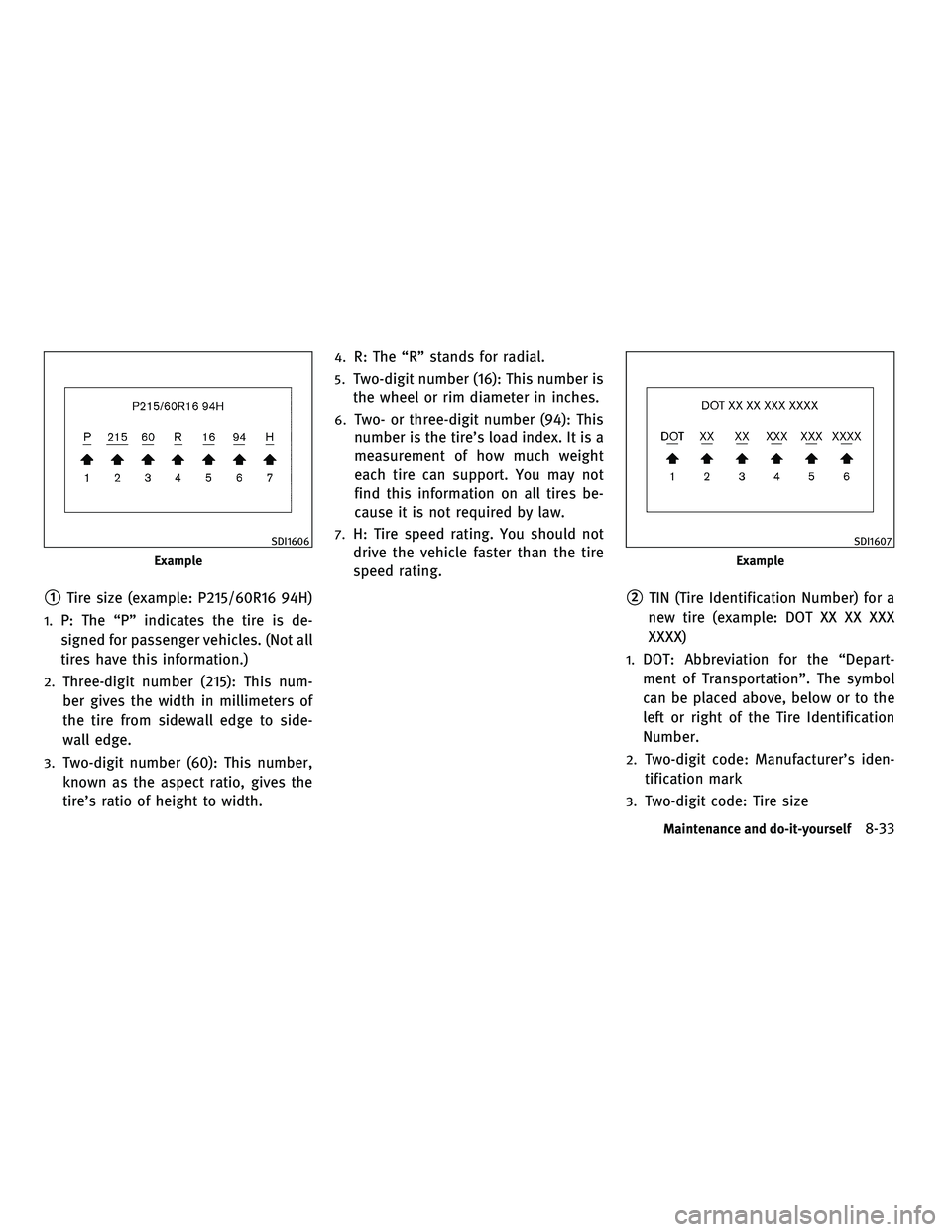 INFINITI G-COUPE 2010  Owners Manual 1Tire size (example: P215/60R16 94H)
1.P: The “P” indicates the tire is de-
signed for passenger vehicles. (Not all
tires have this information.)
2.Three-digit number (215): This num-
ber gives t