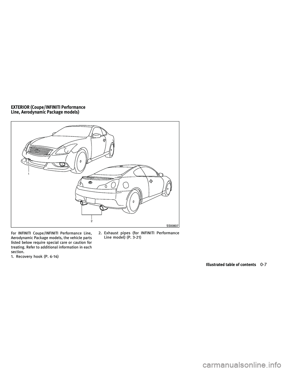 INFINITI G-COUPE 2011 User Guide For INFINITI Coupe/INFINITI Performance Line,
Aerodynamic Package models, the vehicle parts
listed below require special care or caution for
treating. Refer to additional information in each
section.
