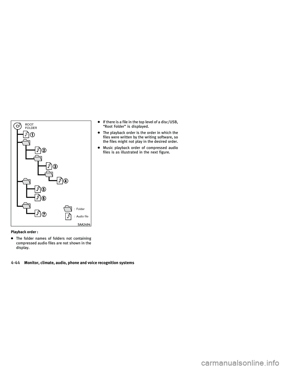 INFINITI G-COUPE 2011  Owners Manual Playback order :
●The folder names of folders not containing
compressed audio files are not shown in the
display. ●
If there is a file in the top level of a disc/USB,
“Root Folder” is displaye