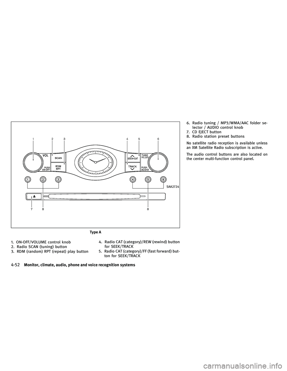 INFINITI G-COUPE 2011  Owners Manual 1. ON·OFF/VOLUME control knob
2. Radio SCAN (tuning) button
3. RDM (random) RPT (repeat) play button4. Radio CAT (category)/REW (rewind) button
for SEEK/TRACK
5. Radio CAT (category)/FF (fast forward