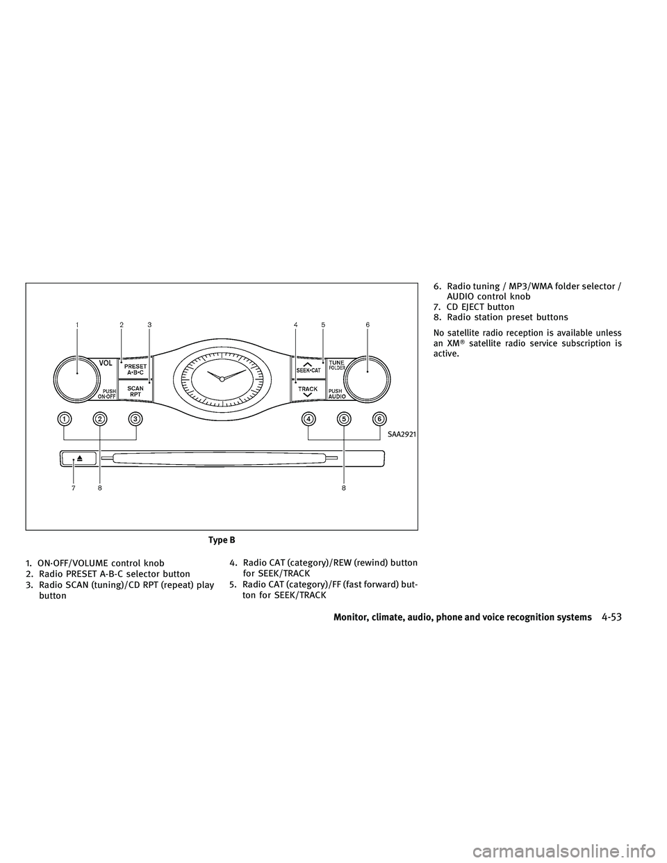 INFINITI G-COUPE 2011  Owners Manual 1. ON·OFF/VOLUME control knob
2. Radio PRESET A-B-C selector button
3. Radio SCAN (tuning)/CD RPT (repeat) playbutton 4. Radio CAT (category)/REW (rewind) button
for SEEK/TRACK
5. Radio CAT (category