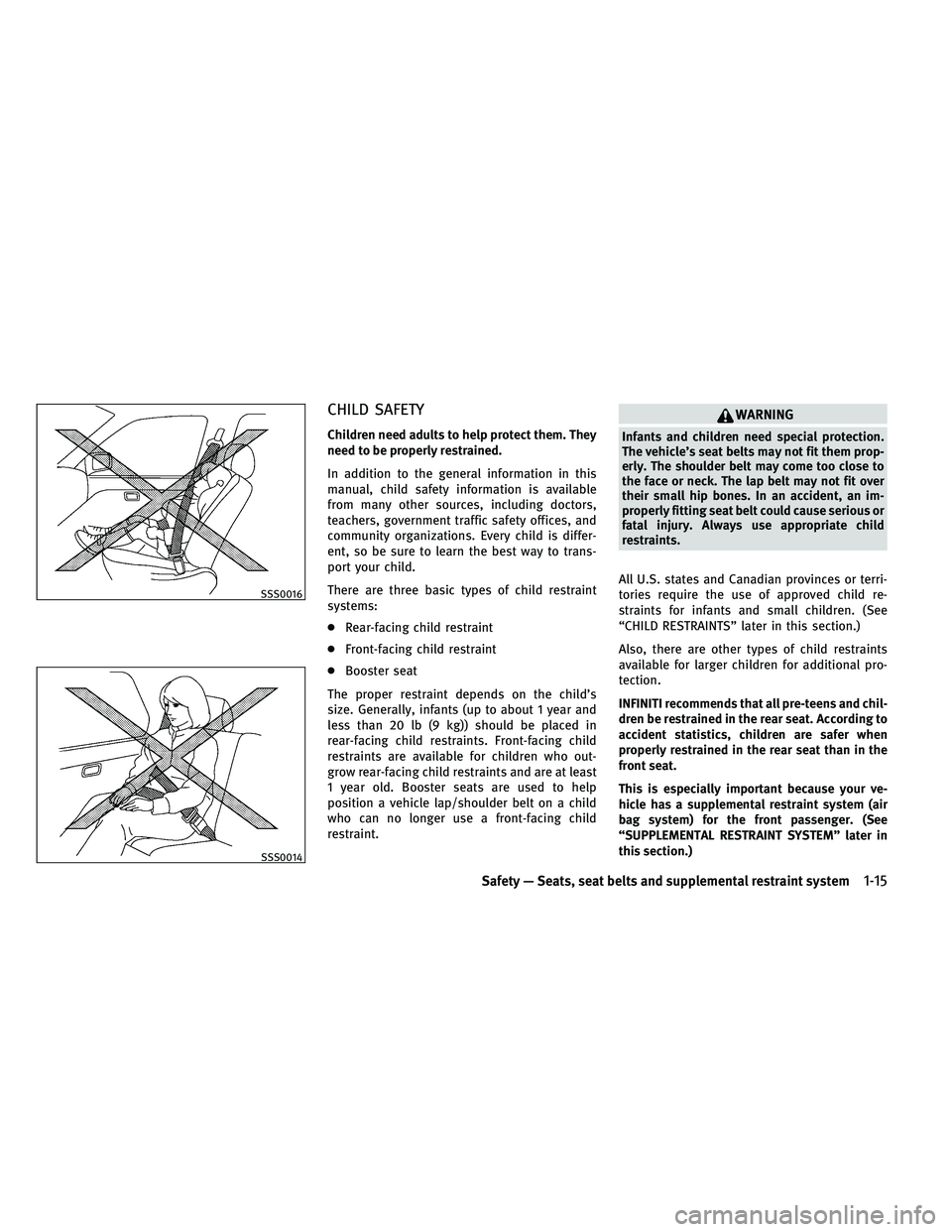 INFINITI G-COUPE 2011 Owners Guide CHILD SAFETY
Children need adults to help protect them. They
need to be properly restrained.
In addition to the general information in this
manual, child safety information is available
from many othe