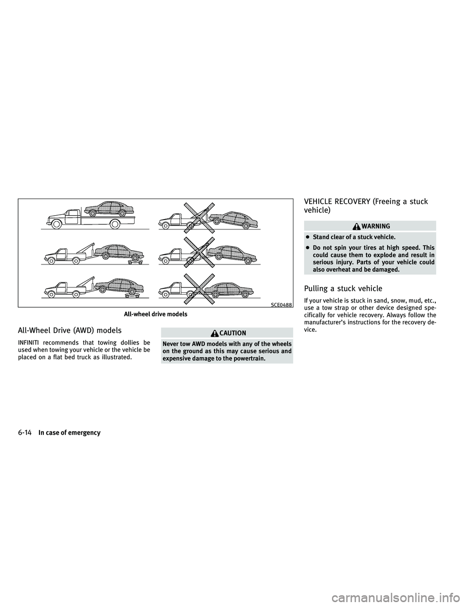 INFINITI G-COUPE 2011  Owners Manual All-Wheel Drive (AWD) models
INFINITI recommends that towing dollies be
used when towing your vehicle or the vehicle be
placed on a flat bed truck as illustrated.
CAUTION
Never tow AWD models with any