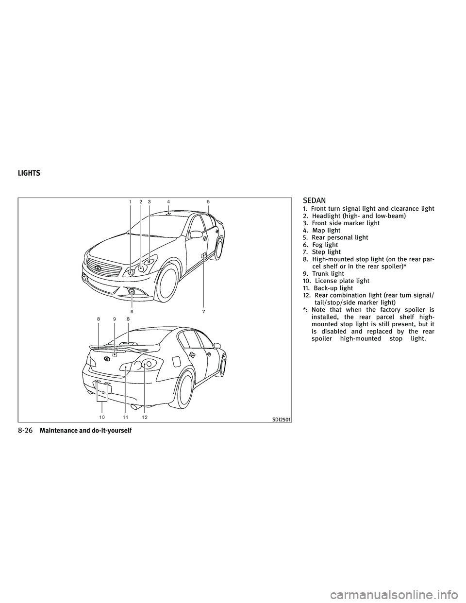 INFINITI G-COUPE 2011 Owners Manual SEDAN
1. Front turn signal light and clearance light
2. Headlight (high- and low-beam)
3. Front side marker light
4. Map light
5. Rear personal light
6. Fog light
7. Step light
8. High-mounted stop li INFINITI G-COUPE 2011 Owners Manual SEDAN
1. Front turn signal light and clearance light
2. Headlight (high- and low-beam)
3. Front side marker light
4. Map light
5. Rear personal light
6. Fog light
7. Step light
8. High-mounted stop li
