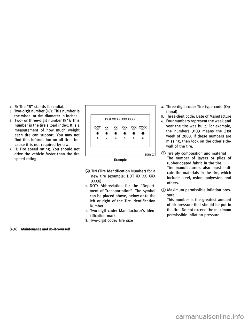 INFINITI G-COUPE 2011  Owners Manual 4.R: The “R” stands for radial.
5.Two-digit number (16): This number is
the wheel or rim diameter in inches.
6.Two- or three-digit number (94): This
number is the tire’s load index. It is a
meas