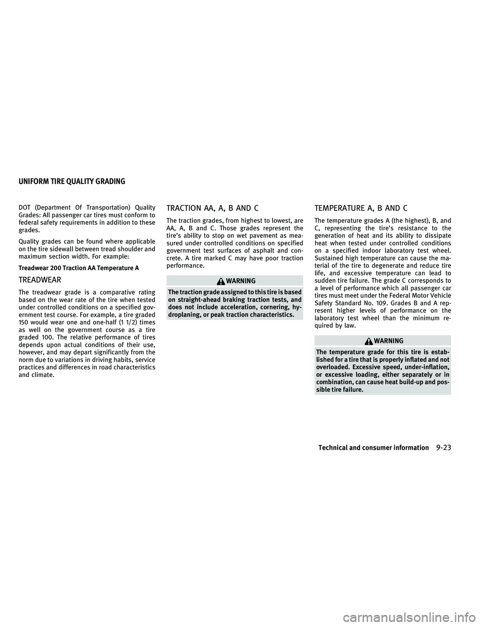 INFINITI G-COUPE 2011 Owners Manual DOT (Department Of Transportation) Quality
Grades: All passenger car tires must conform to
federal safety requirements in addition to these
grades.
Quality grades can be found where applicable
on the INFINITI G-COUPE 2011 Owners Manual DOT (Department Of Transportation) Quality
Grades: All passenger car tires must conform to
federal safety requirements in addition to these
grades.
Quality grades can be found where applicable
on the