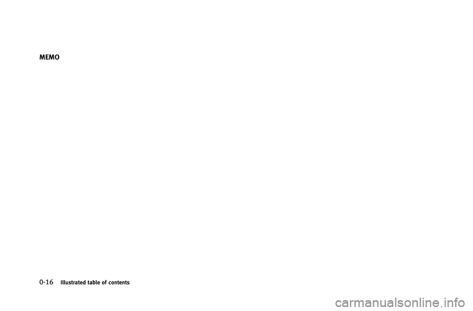 INFINITI G-COUPE 2012 Owners Manual 0-16Illustrated table of contents
MEMO 