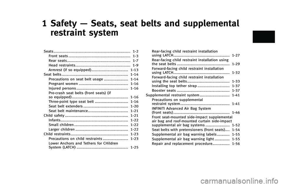 INFINITI G-COUPE 2012  Owners Manual 1 Safety—Seats, seat belts and supplemental
restraint system
Seats ................................................................... 1-2
Front seats ...............................................