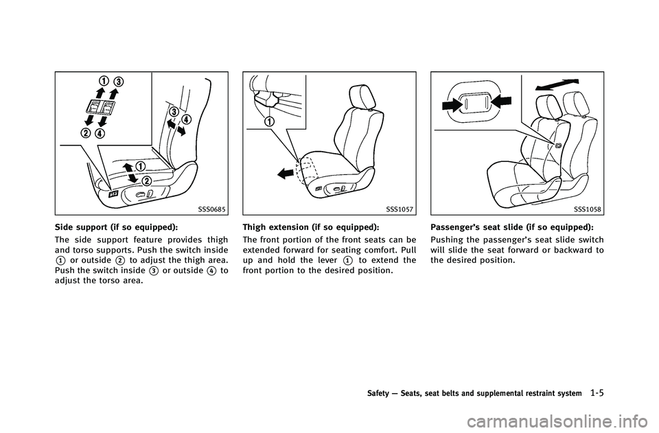 INFINITI G-COUPE 2012 Owners Manual SSS0685
Side support (if so equipped):
The side support feature provides thigh
and torso supports. Push the switch inside
*1or outside*2to adjust the thigh area.
Push the switch inside
*3or outside*4t