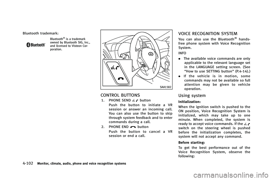 INFINITI G-COUPE 2012 Owners Manual 4-102Monitor, climate, audio, phone and voice recognition systems
Bluetooth trademark:
Bluetooth®is a trademark
owned by Bluetooth SIG, Inc.,
and licensed to Visteon Cor-
poration.
SAA1582
CONTROL BU INFINITI G-COUPE 2012 Owners Manual 4-102Monitor, climate, audio, phone and voice recognition systems
Bluetooth trademark:
Bluetooth®is a trademark
owned by Bluetooth SIG, Inc.,
and licensed to Visteon Cor-
poration.
SAA1582
CONTROL BU