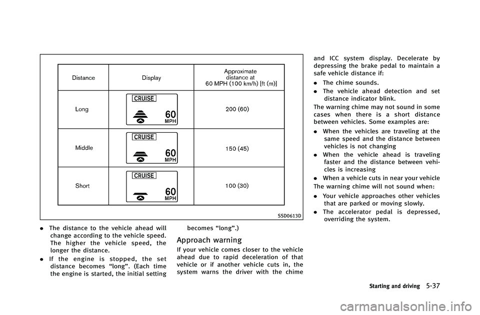 INFINITI G-COUPE 2012 Owners Manual SSD0613D
.The distance to the vehicle ahead will
change according to the vehicle speed.
The higher the vehicle speed, the
longer the distance.
. If the engine is stopped, the set
distance becomes “l INFINITI G-COUPE 2012 Owners Manual SSD0613D
.The distance to the vehicle ahead will
change according to the vehicle speed.
The higher the vehicle speed, the
longer the distance.
. If the engine is stopped, the set
distance becomes “l