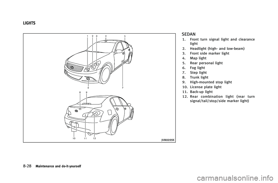 INFINITI G-COUPE 2012 Owners Manual 8-28Maintenance and do-it-yourself
JVM0099X
SEDAN
1. Front turn signal light and clearancelight
2. Headlight (high- and low-beam)
3. Front side marker light
4. Map light
5. Rear personal light
6. Fog INFINITI G-COUPE 2012 Owners Manual 8-28Maintenance and do-it-yourself
JVM0099X
SEDAN
1. Front turn signal light and clearancelight
2. Headlight (high- and low-beam)
3. Front side marker light
4. Map light
5. Rear personal light
6. Fog