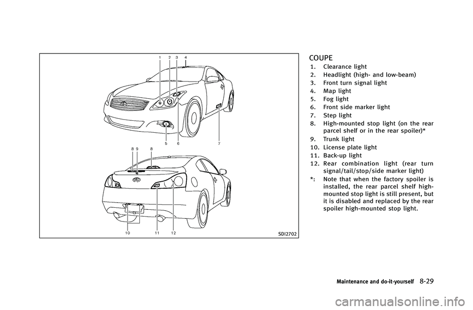 INFINITI G-COUPE 2012 Owners Manual SDI2702
COUPE
1. Clearance light
2. Headlight (high- and low-beam)
3. Front turn signal light
4. Map light
5. Fog light
6. Front side marker light
7. Step light
8. High-mounted stop light (on the rear INFINITI G-COUPE 2012 Owners Manual SDI2702
COUPE
1. Clearance light
2. Headlight (high- and low-beam)
3. Front turn signal light
4. Map light
5. Fog light
6. Front side marker light
7. Step light
8. High-mounted stop light (on the rear