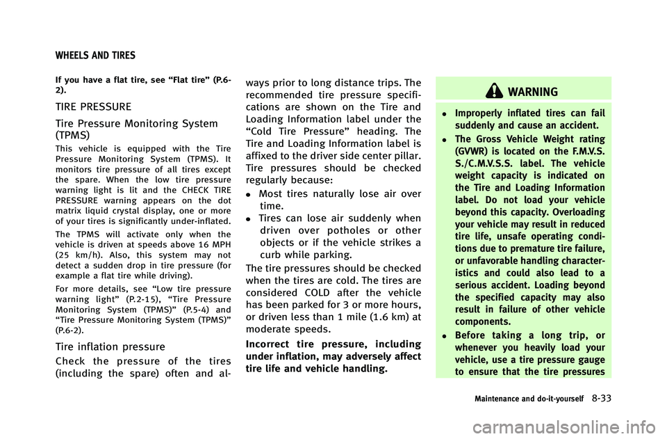 INFINITI G-COUPE 2012  Owners Manual If you have a flat tire, see“Flat tire”(P.6-
2).
TIRE PRESSURE
Tire Pressure Monitoring System
(TPMS)
This vehicle is equipped with the Tire
Pressure Monitoring System (TPMS). It
monitors tire pre