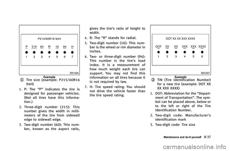 INFINITI G-COUPE 2012  Owners Manual SDI1606
Example*1Tire size (example: P215/60R16
94H)
1.P: The“P”indicates the tire is
designed for passenger vehicles.
(Not all tires have this informa-
tion.)
2.Three-digit number (215): This
num