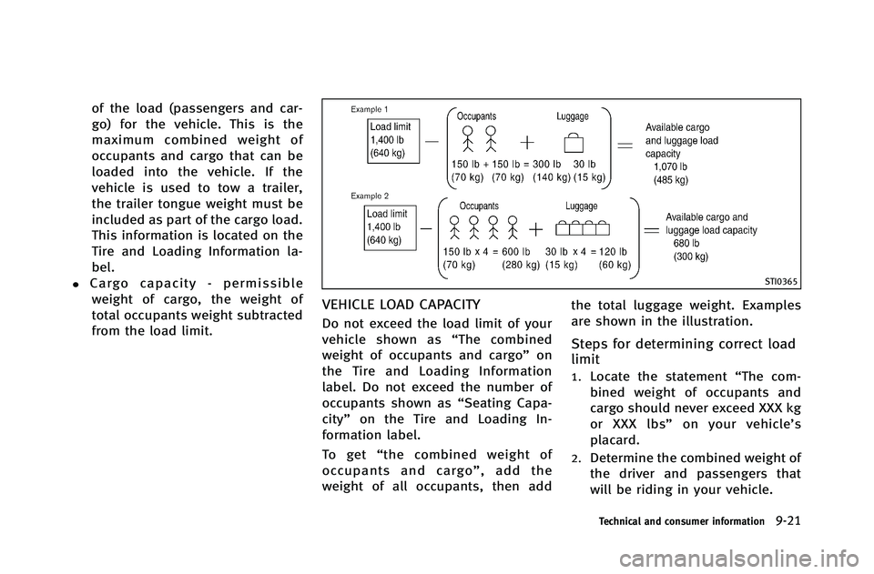 INFINITI G-COUPE 2012  Owners Manual of the load (passengers and car-
go) for the vehicle. This is the
maximum combined weight of
occupants and cargo that can be
loaded into the vehicle. If the
vehicle is used to tow a trailer,
the trail