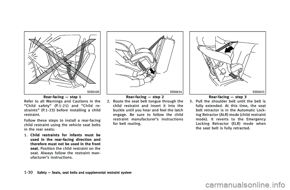 INFINITI G-COUPE 2012 Workshop Manual 1-30Safety—Seats, seat belts and supplemental restraint system
SSS0100
Rear-facing —step 1
Refer to all Warnings and Cautions in the
“ Child safety” (P.1-21) and“Child re-
straints” (P.1-2