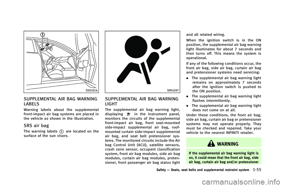 INFINITI G-COUPE 2012  Owners Manual SSS1016
SUPPLEMENTAL AIR BAG WARNING
LABELS
Warning labels about the supplemental
front-impact air bag systems are placed in
the vehicle as shown in the illustration.
SRS air bag
The warning labels*1a