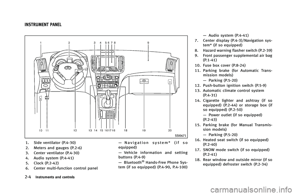 INFINITI G-COUPE 2012  Owners Manual 2-4Instruments and controls
SSI0671
1. Side ventilator (P.4-30)
2. Meters and gauges (P.2-6)
3. Center ventilator (P.4-30)
4. Audio system (P.4-41)
5. Clock (P.2-42)
6. Center multi-function control p