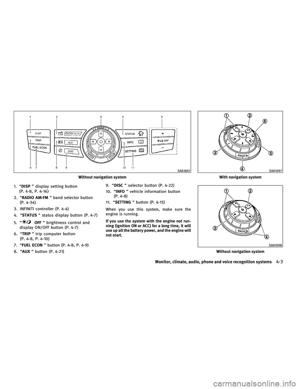 INFINITI M 2010 Owners Guide 1. ªDISPº display setting button
(P. 4-8, P. 4-16)
2. ªRADIO AM´FM º band selector button
(P. 4-34)
3. INFINITI controller (P. 4-4)
4. ªSTATUS º status display button (P. 4-7)
5. ª
OFF º brig INFINITI M 2010 Owners Guide 1. ªDISPº display setting button
(P. 4-8, P. 4-16)
2. ªRADIO AM´FM º band selector button
(P. 4-34)
3. INFINITI controller (P. 4-4)
4. ªSTATUS º status display button (P. 4-7)
5. ª
OFF º brig