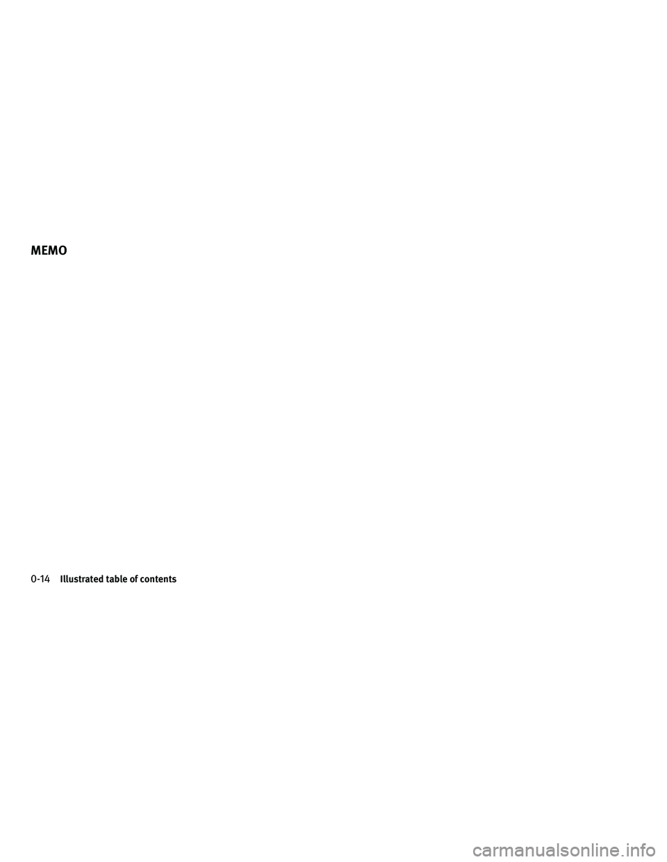 INFINITI M 2010 Owners Manual 0-14Illustrated table of contents
MEMO 
