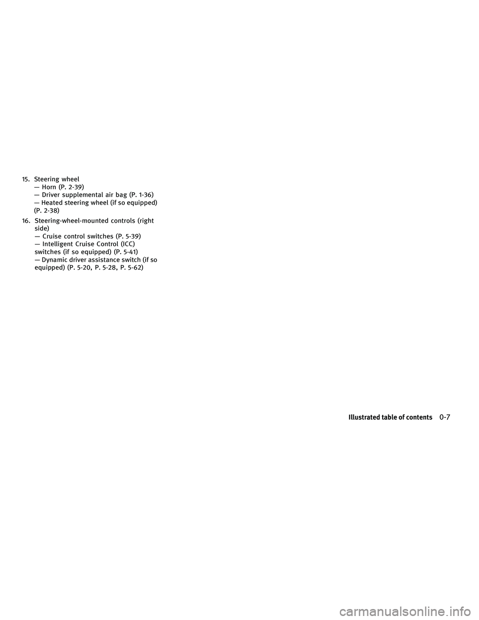 INFINITI M 2011 User Guide 15. Steering wheel— Horn (P. 2-39)
— Driver supplemental air bag (P. 1-36)
— Heated steering wheel (if so equipped)
(P. 2-38)
16. Steering-wheel-mounted controls (right side)
— Cruise control 