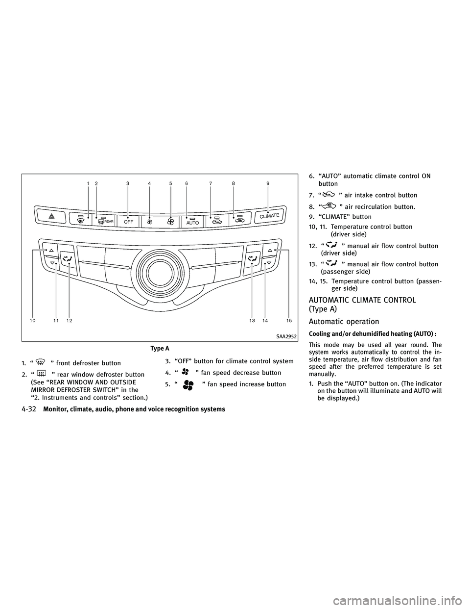 INFINITI M 2011  Owners Manual 1. “” front defroster button
2. “
” rear window defroster button
(See “REAR WINDOW AND OUTSIDE
MIRROR DEFROSTER SWITCH” in the
“2. Instruments and controls” section.) 3. “OFF” butt