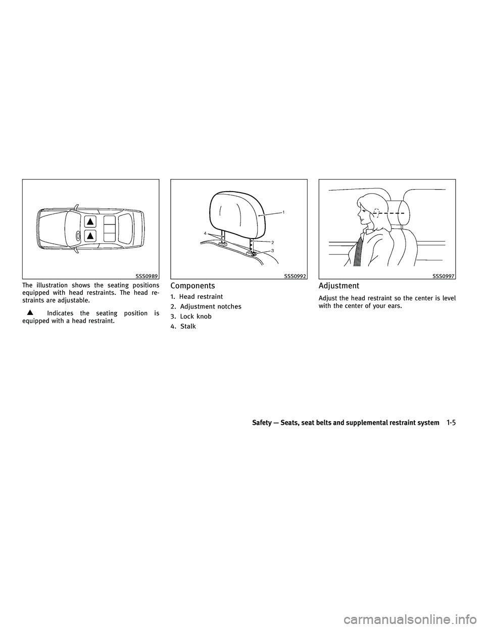 INFINITI M 2011 Owners Manual The illustration shows the seating positions
equipped with head restraints. The head re-
straints are adjustable.
Indicates the seating position is
equipped with a head restraint.
Components
1. Head r