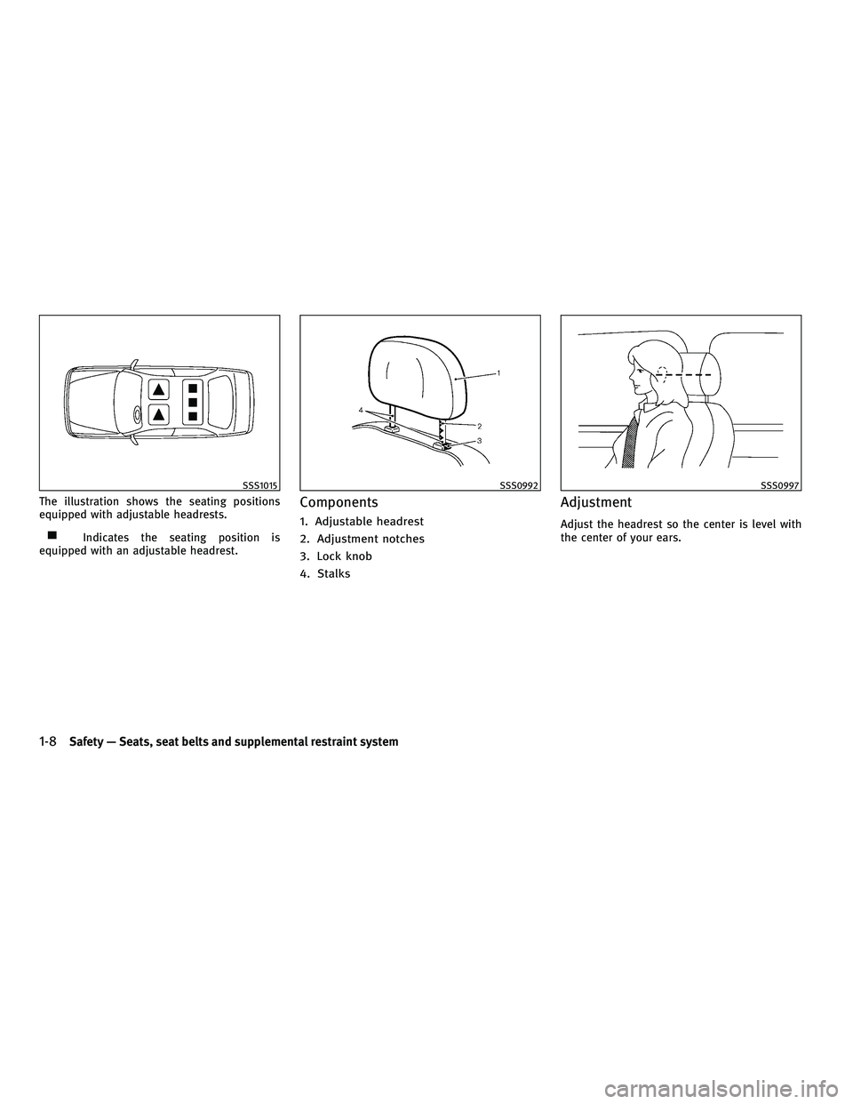 INFINITI M 2011  Owners Manual The illustration shows the seating positions
equipped with adjustable headrests.
Indicates the seating position is
equipped with an adjustable headrest.
Components
1. Adjustable headrest
2. Adjustment