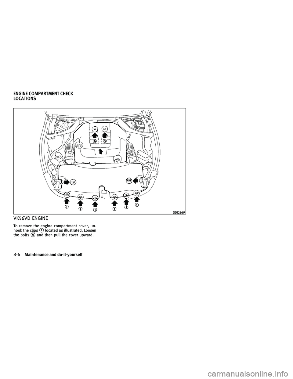 INFINITI M 2011  Owners Manual VK56VD ENGINE
To remove the engine compartment cover, un-
hook the clips
1located as illustrated. Loosen
the bolts
Aand then pull the cover upward.
SDI2569
ENGINE COMPARTMENT CHECK
LOCATIONS
8-6Main