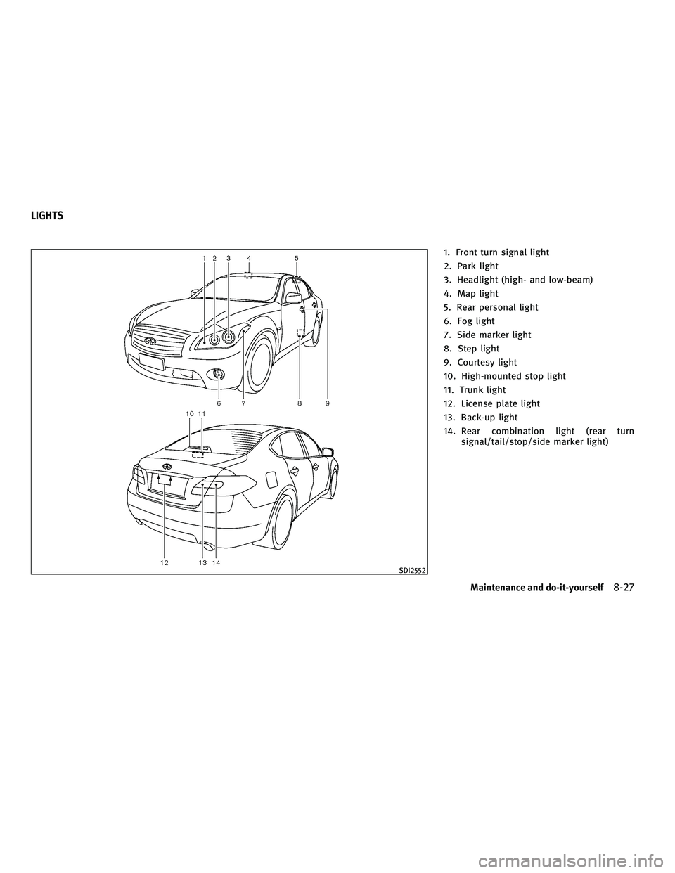 INFINITI M 2011  Owners Manual 1. Front turn signal light
2. Park light
3. Headlight (high- and low-beam)
4. Map light
5. Rear personal light
6. Fog light
7. Side marker light
8. Step light
9. Courtesy light
10. High-mounted stop l