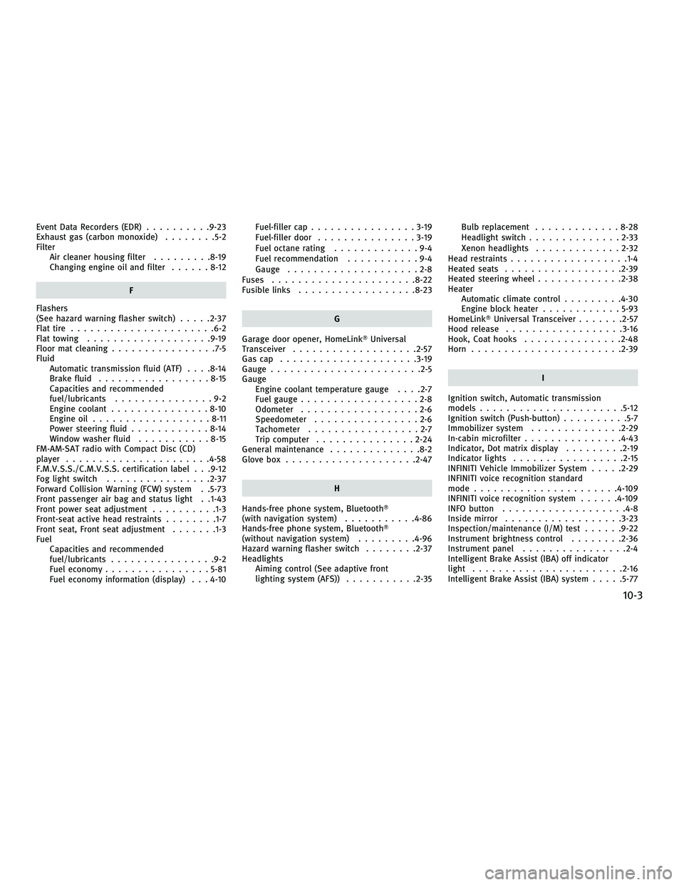 INFINITI M 2011 Owners Manual Event Data Recorders (EDR)..........9-23
Exhaust gas (carbon monoxide) ........5-2
Filter Air cleaner housing filter .........8-19
Changing engine oil and filter ......8-12
F
Flashers
(See hazard warn INFINITI M 2011 Owners Manual Event Data Recorders (EDR)..........9-23
Exhaust gas (carbon monoxide) ........5-2
Filter Air cleaner housing filter .........8-19
Changing engine oil and filter ......8-12
F
Flashers
(See hazard warn