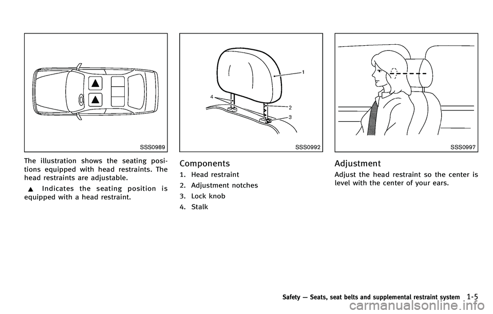 INFINITI M 2012 Owners Manual SSS0989
The illustration shows the seating posi-
tions equipped with head restraints. The
head restraints are adjustable.
Indicates the seating position is
equipped with a head restraint.
SSS0992
Comp INFINITI M 2012 Owners Manual SSS0989
The illustration shows the seating posi-
tions equipped with head restraints. The
head restraints are adjustable.
Indicates the seating position is
equipped with a head restraint.
SSS0992
Comp