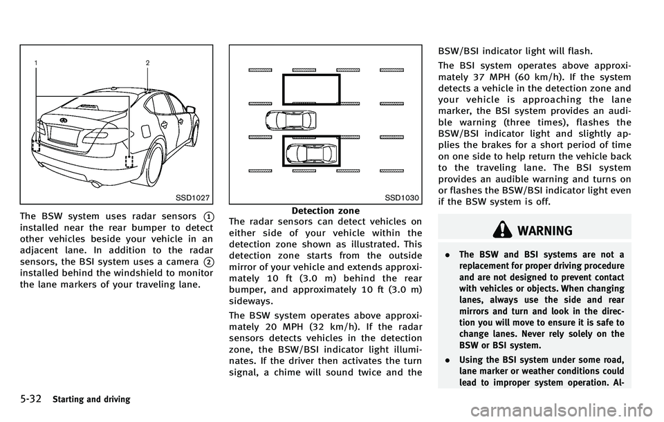 INFINITI M 2012  Owners Manual 5-32Starting and driving
SSD1027
The BSW system uses radar sensors*1
installed near the rear bumper to detect
other vehicles beside your vehicle in an
adjacent lane. In addition to the radar
sensors, 