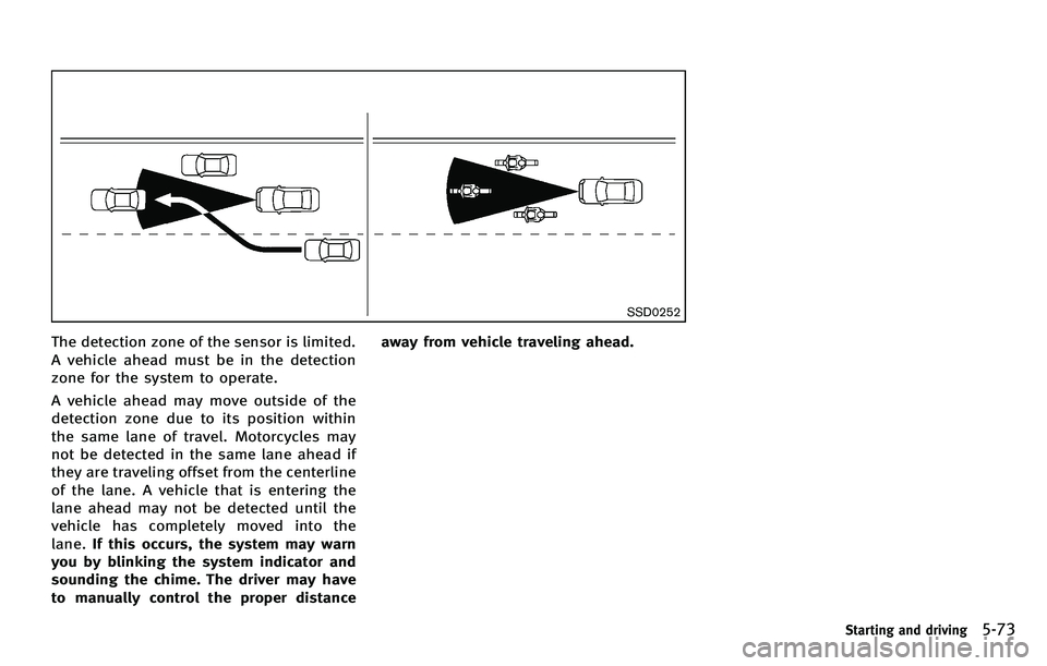 INFINITI M 2012 Service Manual SSD0252
The detection zone of the sensor is limited.
A vehicle ahead must be in the detection
zone for the system to operate.
A vehicle ahead may move outside of the
detection zone due to its position INFINITI M 2012 Service Manual SSD0252
The detection zone of the sensor is limited.
A vehicle ahead must be in the detection
zone for the system to operate.
A vehicle ahead may move outside of the
detection zone due to its position