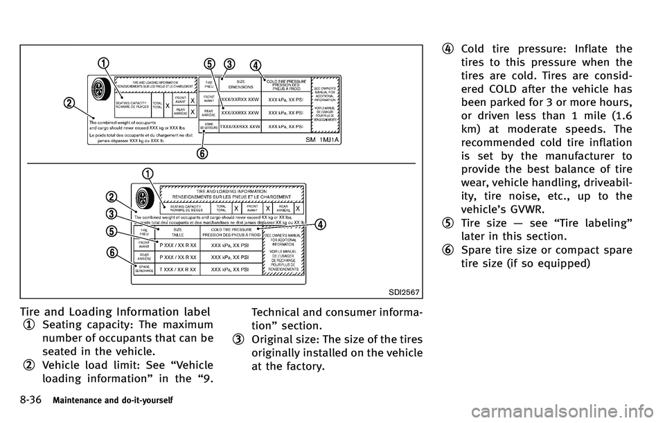 INFINITI M 2012 Owners Manual 8-36Maintenance and do-it-yourself
SDI2567
Tire and Loading Information label
*1Seating capacity: The maximum
number of occupants that can be
seated in the vehicle.
*2Vehicle load limit: See“Vehicle