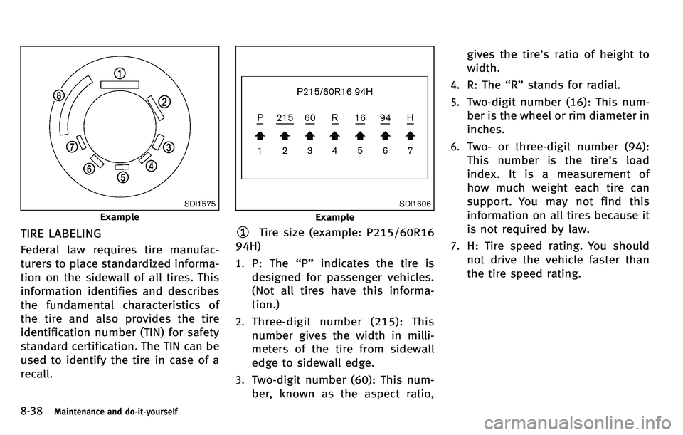 INFINITI M 2012 Owners Manual 8-38Maintenance and do-it-yourself
SDI1575
Example
TIRE LABELING
Federal law requires tire manufac-
turers to place standardized informa-
tion on the sidewall of all tires. This
information identifies INFINITI M 2012 Owners Manual 8-38Maintenance and do-it-yourself
SDI1575
Example
TIRE LABELING
Federal law requires tire manufac-
turers to place standardized informa-
tion on the sidewall of all tires. This
information identifies