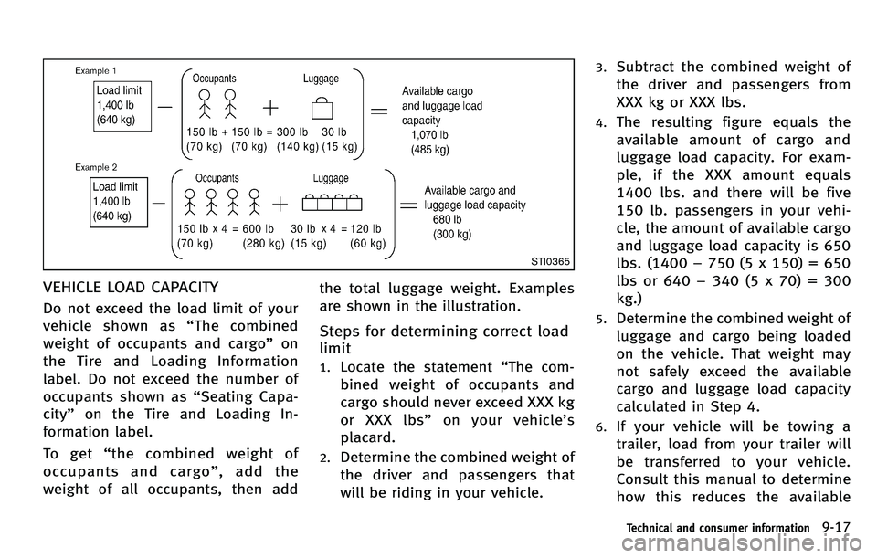 INFINITI M 2012  Owners Manual STI0365
VEHICLE LOAD CAPACITY
Do not exceed the load limit of your
vehicle shown as“The combined
weight of occupants and cargo ”on
theTireandLoadingInformation
label. Do not exceed the number of
o