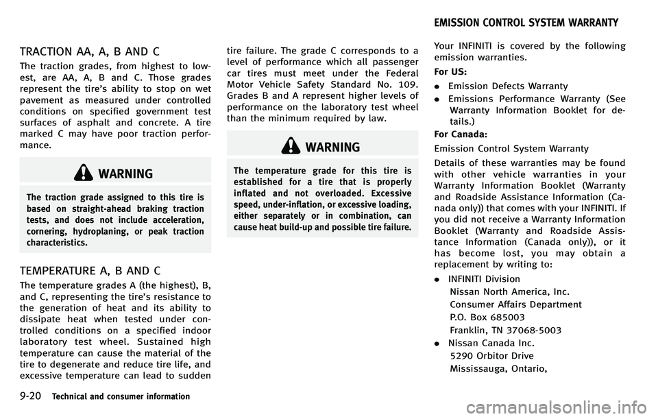 INFINITI M 2012 Service Manual 9-20Technical and consumer information
TRACTION AA, A, B AND C
The traction grades, from highest to low-
est, are AA, A, B and C. Those grades
represent the tire’s ability to stop on wet
pavement as INFINITI M 2012 Service Manual 9-20Technical and consumer information
TRACTION AA, A, B AND C
The traction grades, from highest to low-
est, are AA, A, B and C. Those grades
represent the tire’s ability to stop on wet
pavement as