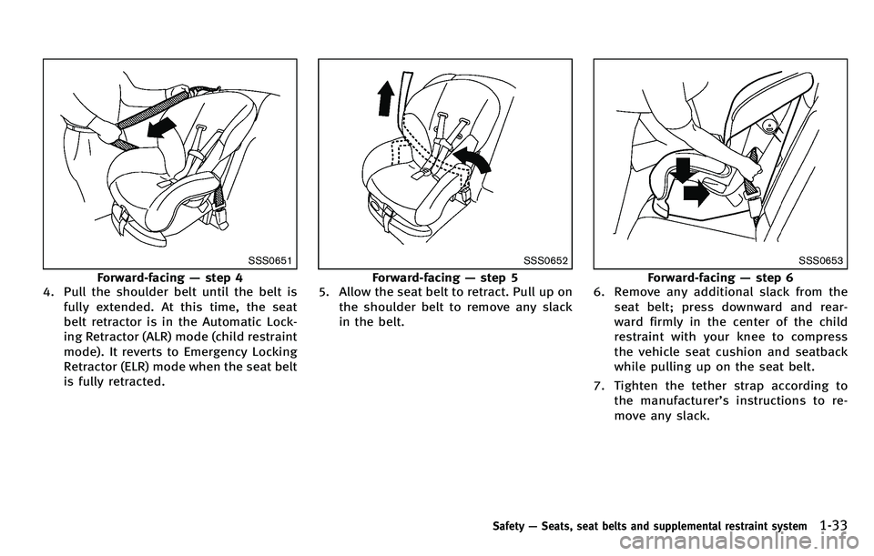 INFINITI M 2012 Workshop Manual SSS0651
Forward-facing—step 4
4. Pull the shoulder belt until the belt is
fully extended. At this time, the seat
belt retractor is in the Automatic Lock-
ing Retractor (ALR) mode (child restraint
mo