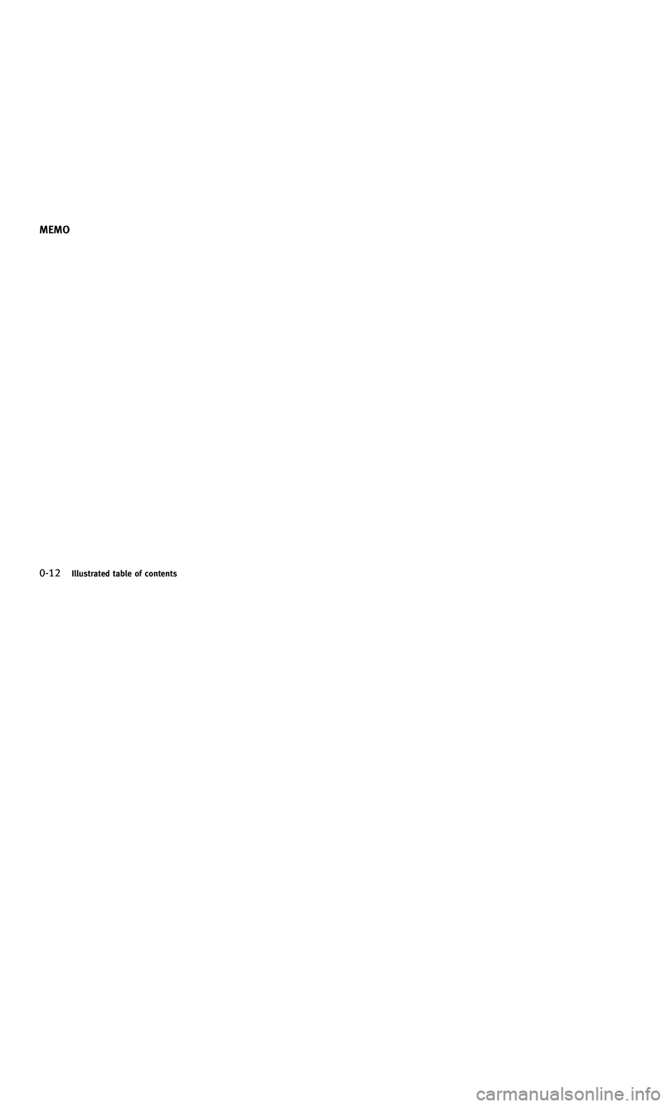 INFINITI M-HEV 2012 Owners Guide 858763.psp Nissan Infiniti OM OM2E HY51U0 Hybrid 1" gutter 12/21/2010 14\
:36:44 16 B
0-12Illustrated table of contents
MEMO
0-12Illustrated table of contents
MEMO INFINITI M-HEV 2012 Owners Guide 858763.psp Nissan Infiniti OM OM2E HY51U0 Hybrid 1" gutter 12/21/2010 14\
:36:44 16 B
0-12Illustrated table of contents
MEMO
0-12Illustrated table of contents
MEMO