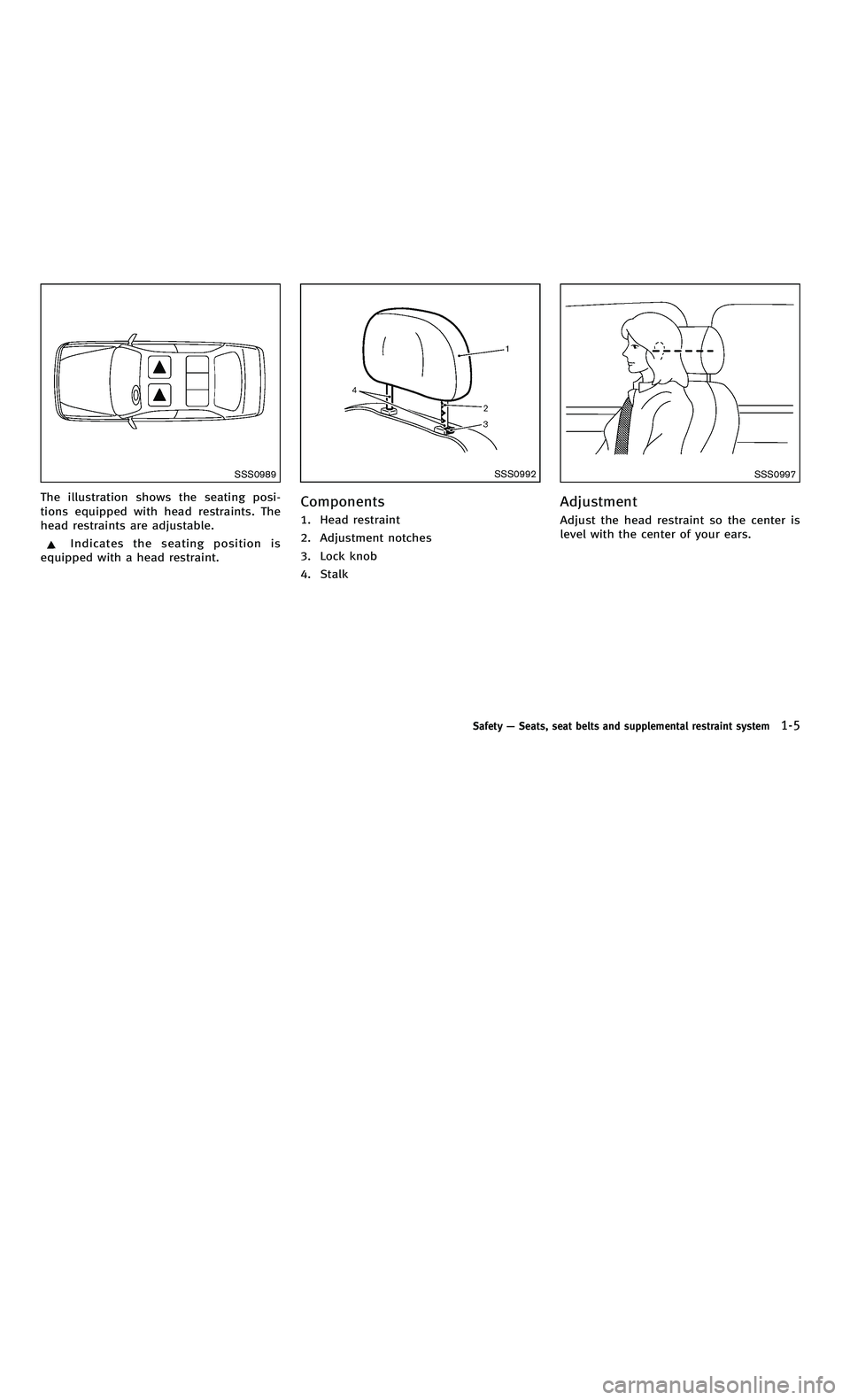 INFINITI M-HEV 2012 Owners Guide 858763.psp Nissan Infiniti OM OM2E HY51U0 Hybrid 1" gutter 12/21/2010 14\
:36:44 19 A
SSS0989
The illustration shows the seating posi-
tions equipped with head restraints. The
head restraints are adju INFINITI M-HEV 2012 Owners Guide 858763.psp Nissan Infiniti OM OM2E HY51U0 Hybrid 1" gutter 12/21/2010 14\
:36:44 19 A
SSS0989
The illustration shows the seating posi-
tions equipped with head restraints. The
head restraints are adju