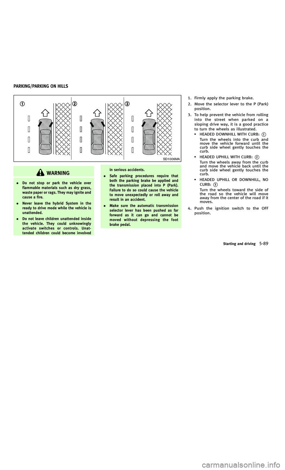 INFINITI M-HEV 2012 Workshop Manual 858763.psp Nissan Infiniti OM OM2E HY51U0 Hybrid 1" gutter 12/21/2010 14\
:36:44 208 A
SD1006MA
WARNING
.Do not stop or park the vehicle over
flammable materials such as dry grass,
waste paper or rags INFINITI M-HEV 2012 Workshop Manual 858763.psp Nissan Infiniti OM OM2E HY51U0 Hybrid 1" gutter 12/21/2010 14\
:36:44 208 A
SD1006MA
WARNING
.Do not stop or park the vehicle over
flammable materials such as dry grass,
waste paper or rags