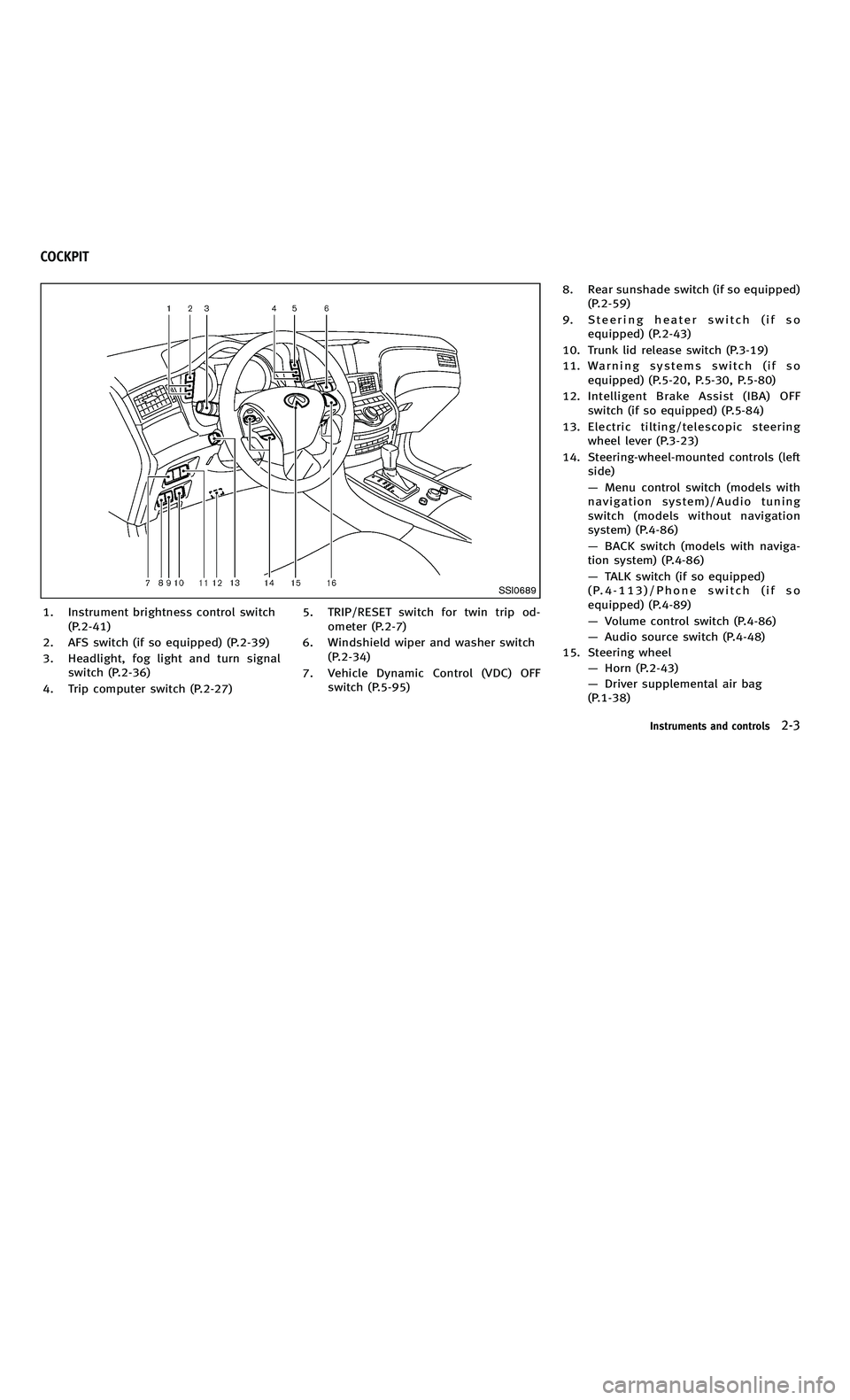 INFINITI M-HEV 2012  Owners Manual 858763.psp Nissan Infiniti OM OM2E HY51U0 Hybrid 1" gutter 12/21/2010 14\
:36:44 44 A
SSI0689
1. Instrument brightness control switch(P.2-41)
2. AFS switch (if so equipped) (P.2-39)
3. Headlight, fog 