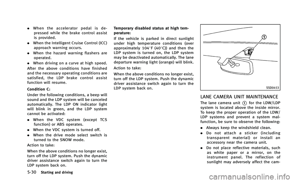 INFINITI M-HEV 2013 Manual PDF 5-30Starting and driving
.When the accelerator pedal is de-
pressed while the brake control assist
is provided.
. When the Intelligent Cruise Control (ICC)
approach warning occurs.
. When the hazard w