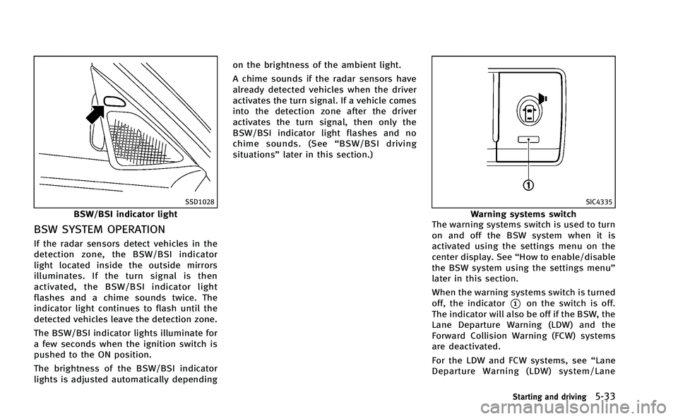 INFINITI M-HEV 2013 Manual PDF SSD1028
BSW/BSI indicator light
BSW SYSTEM OPERATION
If the radar sensors detect vehicles in the
detection zone, the BSW/BSI indicator
light located inside the outside mirrors
illuminates. If the turn