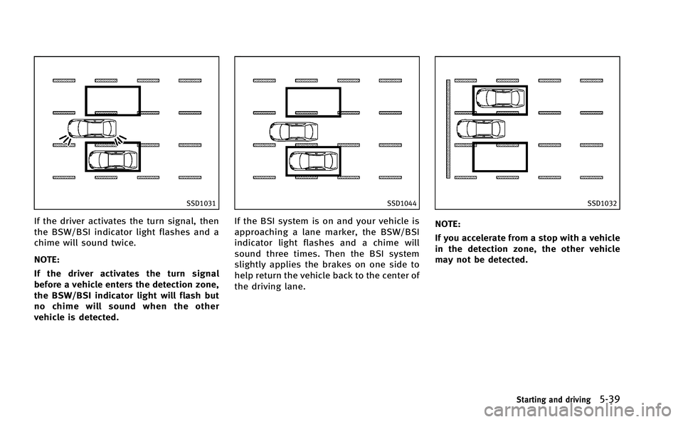 INFINITI M-HEV 2013 Owners Manual SSD1031
If the driver activates the turn signal, then
the BSW/BSI indicator light flashes and a
chime will sound twice.
NOTE:
If the driver activates the turn signal
before a vehicle enters the detect INFINITI M-HEV 2013 Owners Manual SSD1031
If the driver activates the turn signal, then
the BSW/BSI indicator light flashes and a
chime will sound twice.
NOTE:
If the driver activates the turn signal
before a vehicle enters the detect