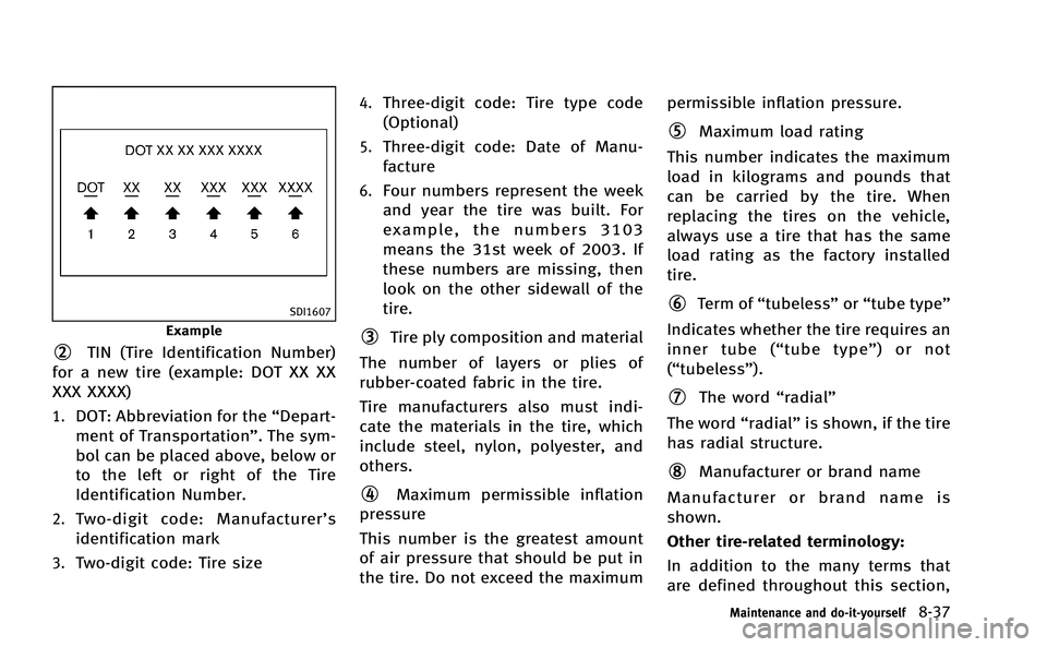 INFINITI M-HEV 2013 Owners Manual SDI1607
Example
*2TIN (Tire Identification Number)
for a new tire (example: DOT XX XX
XXX XXXX)
1.DOT: Abbreviation for the “Depart-
ment of Transportation”. The sym-
bol can be placed above, belo