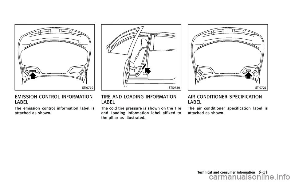 INFINITI M-HEV 2013 Owners Manual STI0719
EMISSION CONTROL INFORMATION
LABEL
The emission control information label is
attached as shown.
STI0720
TIRE AND LOADING INFORMATION
LABEL
The cold tire pressure is shown on the Tire
and Loadi INFINITI M-HEV 2013 Owners Manual STI0719
EMISSION CONTROL INFORMATION
LABEL
The emission control information label is
attached as shown.
STI0720
TIRE AND LOADING INFORMATION
LABEL
The cold tire pressure is shown on the Tire
and Loadi