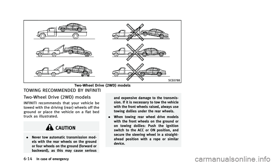INFINITI Q50 2014 Owners Guide 6-14In case of emergency
SCE0788
Two-Wheel Drive (2WD) models
TOWING RECOMMENDED BY INFINITI
Two-Wheel Drive (2WD) models
INFINITI recommends that your vehicle be
towed with the driving (rear) wheels INFINITI Q50 2014 Owners Guide 6-14In case of emergency
SCE0788
Two-Wheel Drive (2WD) models
TOWING RECOMMENDED BY INFINITI
Two-Wheel Drive (2WD) models
INFINITI recommends that your vehicle be
towed with the driving (rear) wheels